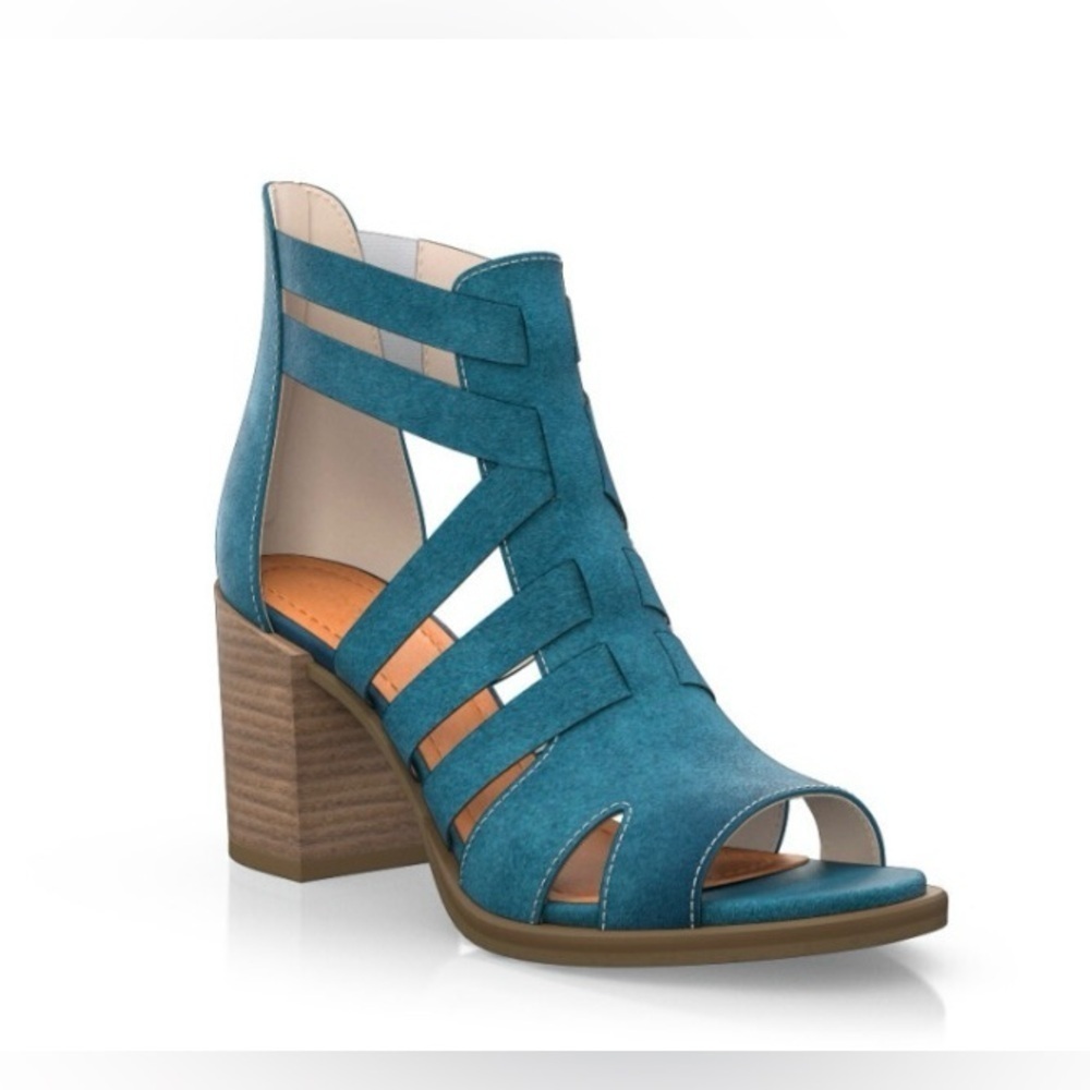 Teal Cutout Suede Block Heel Sandal. Item #5510
